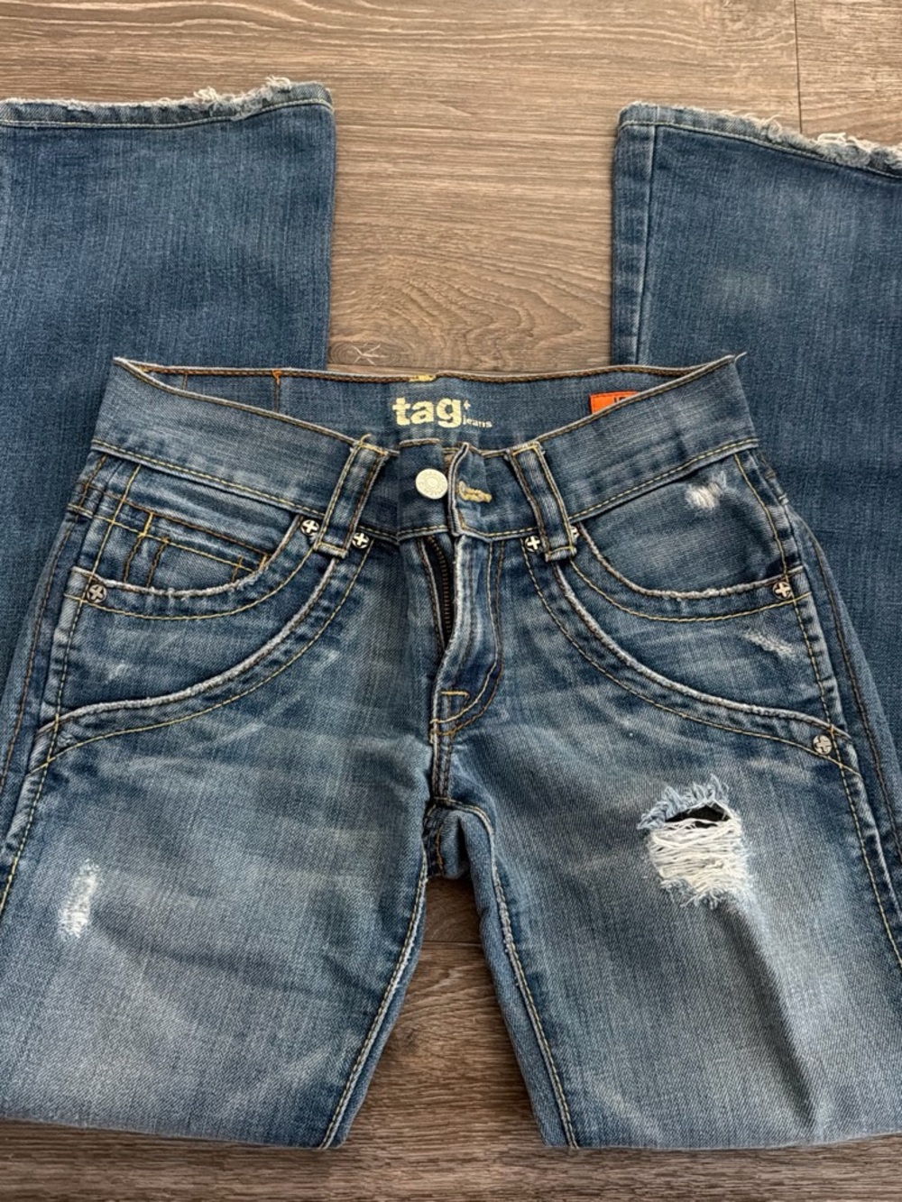 Tag Women's Medium Blue Flare Jeans with Distressed Detail